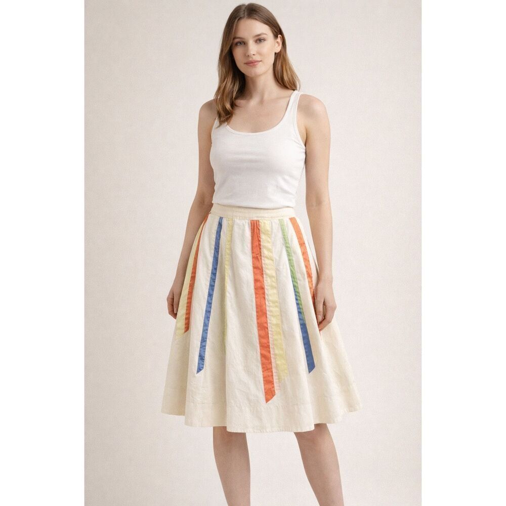 Lithe Cotton A-Line Skirt Size 4 Ivory Multicolor Ribbon Detail